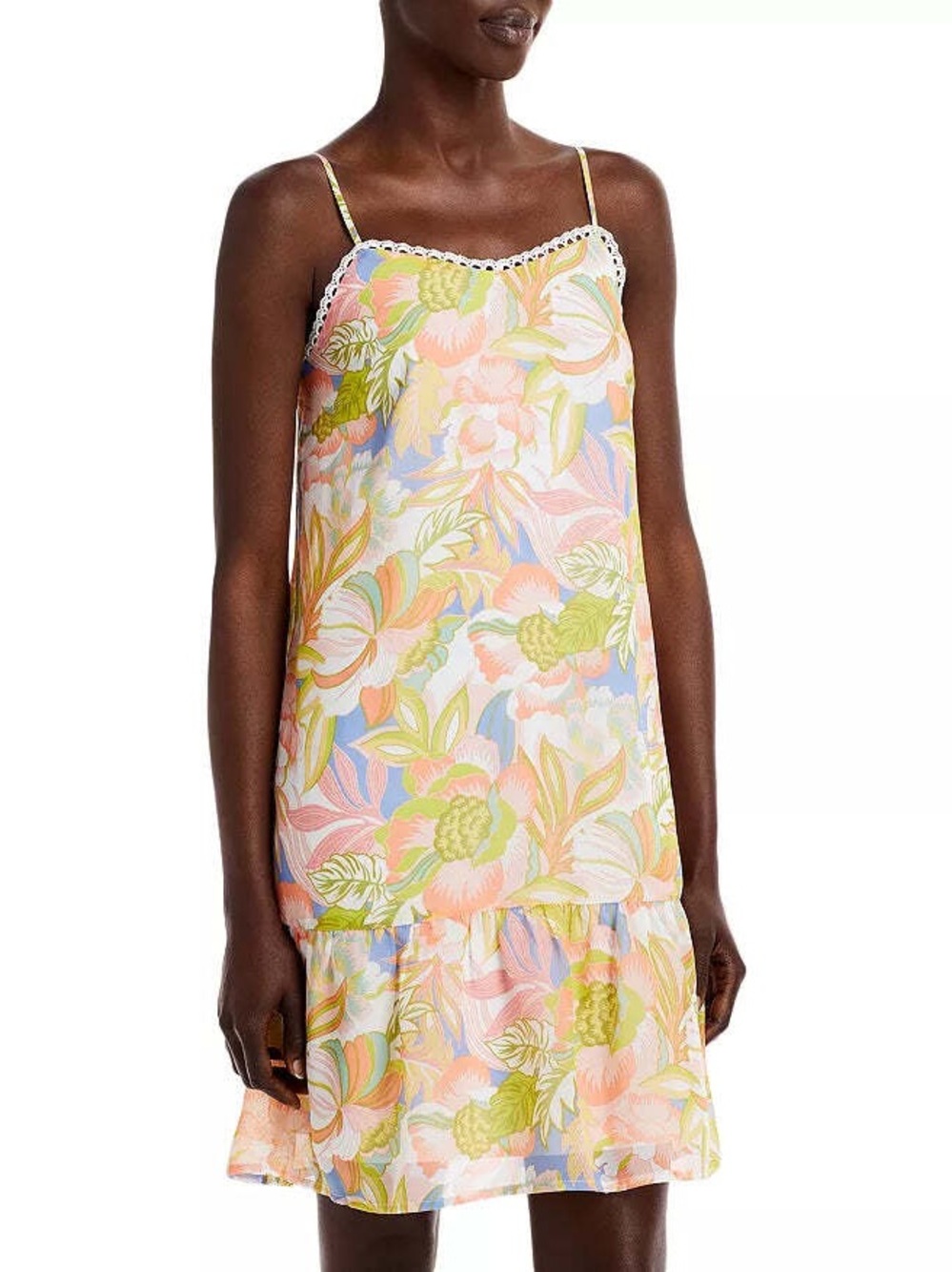 Aqua Floral Slip Midi Dress in Pastel Peach, Green & Blue